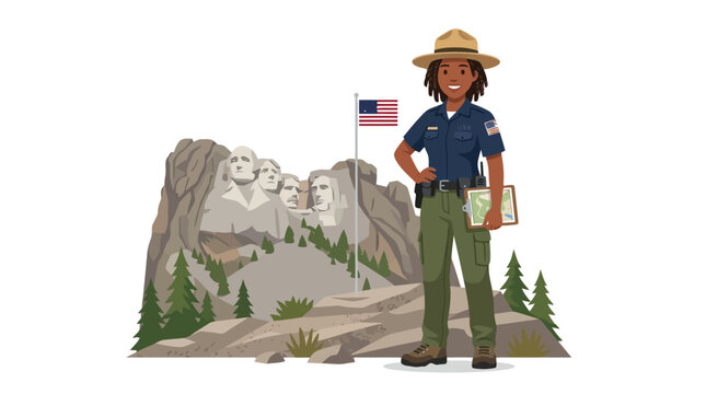 Park ranger standing in front of mount rushmore national memorial with map and flag
