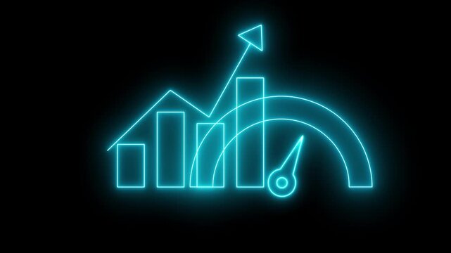 Glowing blue neon business growth chart with a speed gauge icon representing fast progress and financial success on a dark background