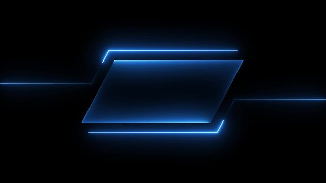 Abstract blue neon light frame with glowing geometric lines on a dark background for modern technology design and digital display