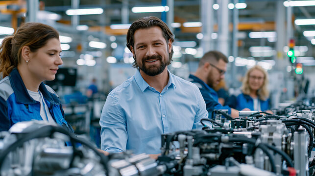 Lean manufacturing team conducts a gemba walk along an active assembly line, supervisor and operators pausing at each station to observe workflow, depicting shop floor engagement, waste reduction cu