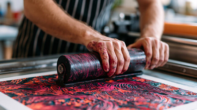 Linocut printmaker pressing a carved rubber block onto dampened paper at a studio press, ink-stained palms rolling a brayer with steady force, original artwork emerging in bold relief lines, the pri