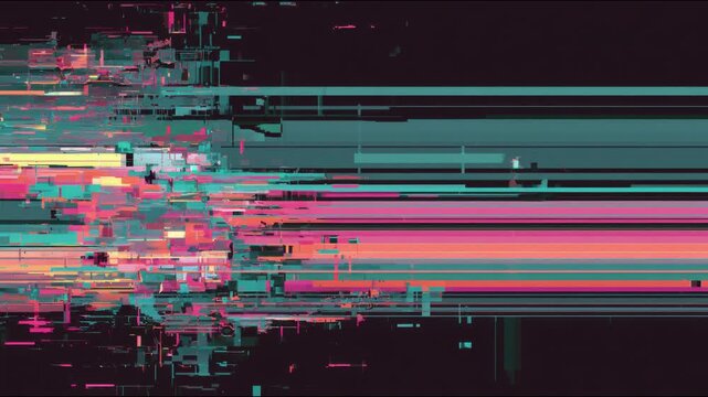 Abstract glitch pixels and horizontal bars scrolling across dark canvas seamless loop digital drawn animation for background overlay 4k