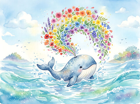 Whale spouting colorful flowers into blue summer sky with ocean waves below artistic illustration for children book nursery decor.