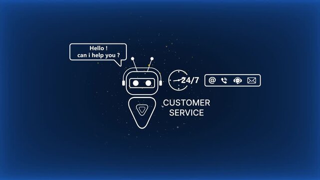 Customer service robot chatbot interface with 24/7 support on dark blue background helpdesk