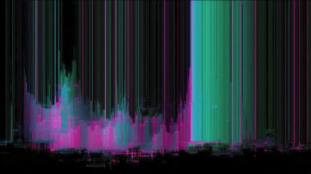 Neon glitch waveform cityscape rising and falling on black background seamless loop stop motion hand drawn digital 4k animation overlay