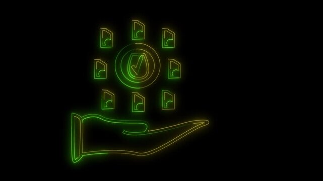 Neon green glowing hand holding a circle with a check mark icon surrounded by document file symbols representing data security and document management protection on a dark black background