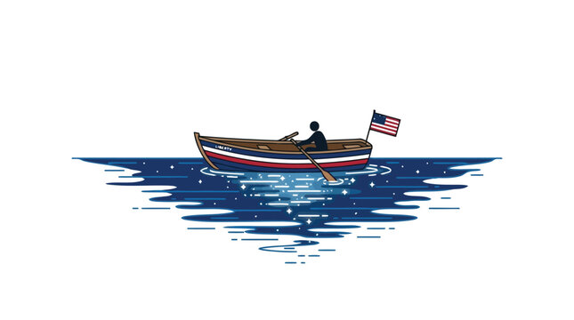 Lone figure rowing a small boat named Liberty on calm water with American flag vector