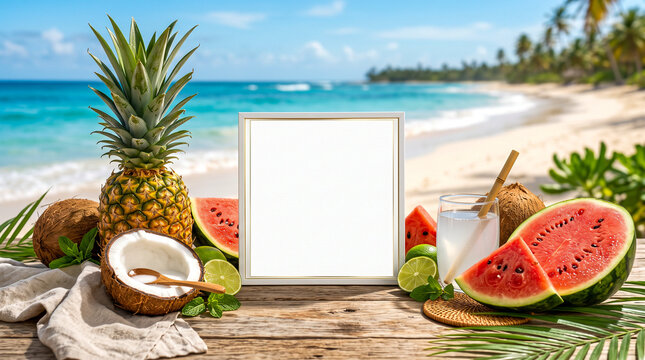 Marco tropical de frutas frescas ideal para campa&ntilde;as de verano.
