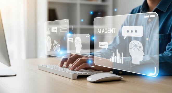 Businessman using AI Agent technology with futuristic digital HUD interface for smart automation and data analysis.