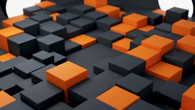 4K Abstract Parametric Matrix with Shifting Charcoal and Halloween Orange Cubes Loop