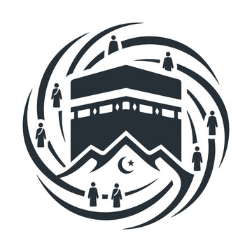 Islamic Hajj pilgrimage vector icon, Kaaba holy site with pilgrims circling, Umrah religious journey graphic symbol