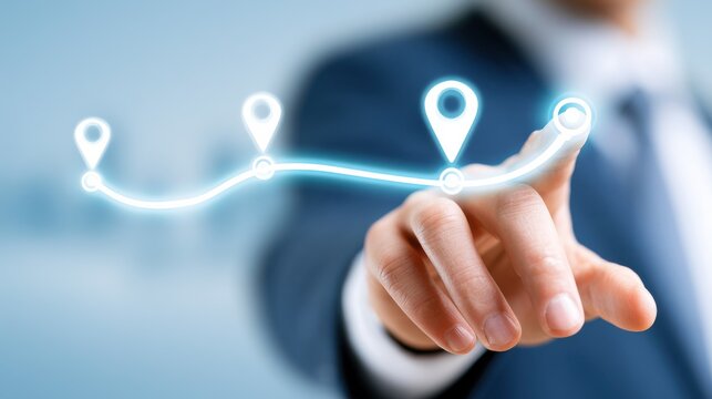 Business professional in a suit touches a glowing digital line with location markers, representing data visualization and technology in a corporate environment