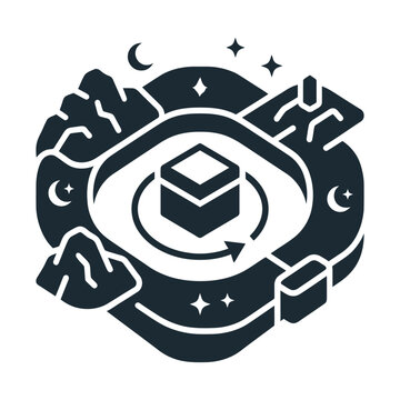 Islamic Kaaba Hajj pilgrimage icon, black and white Mecca vector illustration, religious Umrah worship symbol design