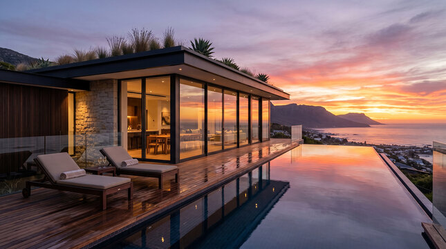 Modern luxury villa with infinity pool overlooking the ocean at sunset
