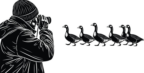 Black and white vector illustration of a male wildlife photographer using a camera to shoot a line of walking geese isolated on white background © Adib