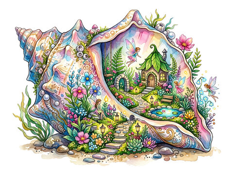 Whimsical watercolor illustration of enchanted fairy garden nestled inside giant conch shell with tiny houses and magical elements.