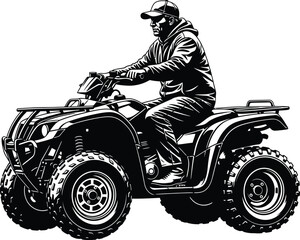 Black and white woodcut style illustration of a man riding an ATV quad bike across rugged terrain, representing outdoor adventure and farm utility work. © Adib