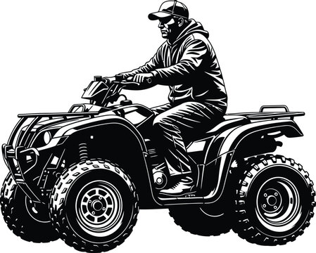 Black and white woodcut style illustration of a man riding an ATV quad bike across rugged terrain, representing outdoor adventure and farm utility work.