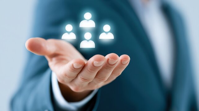 Business professional in a suit holds glowing digital icons representing people above his open palm against a blurred background in a modern office setting