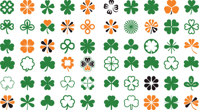 St Patricks Day shamrock and clover leaf designs on white background