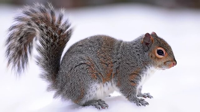 A gray and orange squirrel with a fluffy tail stands on snow