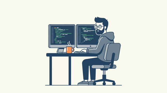 Software Developer Working on Code at Computer Dual Monitor Setup