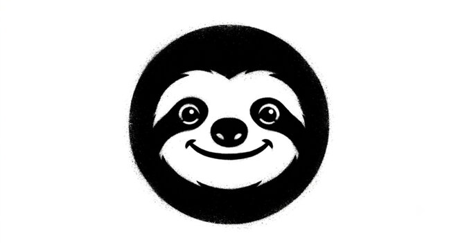 Cute smiling sloth face vector illustration. Minimalist animal head silhouette logo with stipple texture.