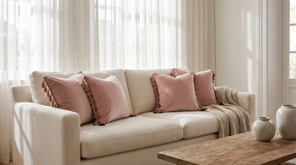 Fototapeta premium A plush, cream-colored sofa adorned with four delicate pink throw pillows sits in a sun-drenched living room, creating an inviting atmosphere of comfort and relaxation.