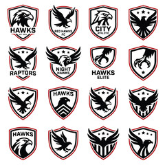 Obraz premium Collection of Hawk and Eagle Sports Team Shield Logos.