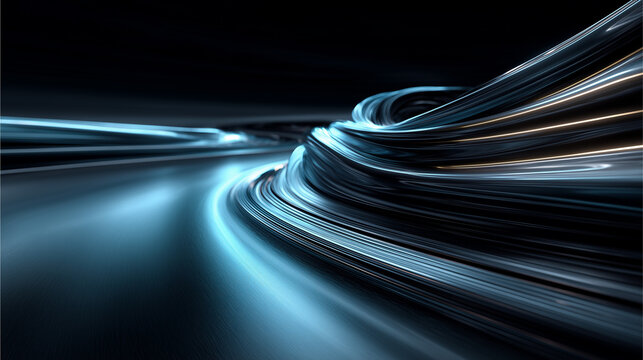 Futuristic abstract 3D render of sharp fluid sonic blue light carving through twisted matte stealth black metallic waves for aerodynamics and eVTOL technology concept