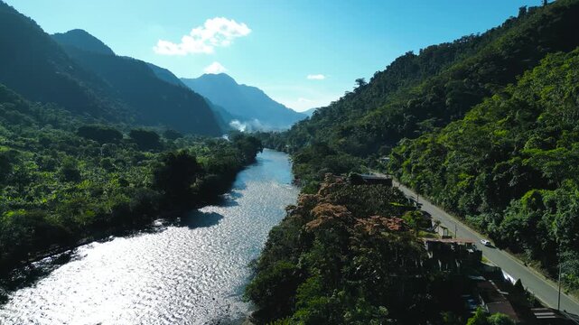 Beautiful aerial view of the lush green mountains and pristine high jungle landscape in Tingo Maria, Huanuco province.