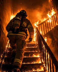 Fototapeta premium Firefighter climbing burning stairs during emergency rescue mission
