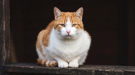 Ginger and white tabby cat sitting on ledge against dark background