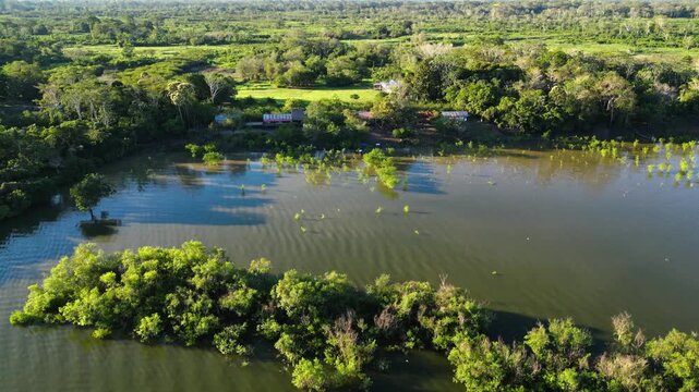 High-altitude aerial tracking shot capturing the majestic curves of the Ucayali River surrounded by the endless green canopy of the Amazon basin.