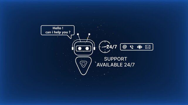 Customer support robot with speech bubble and 24/7 availability symbols on dark blue background with white outlines