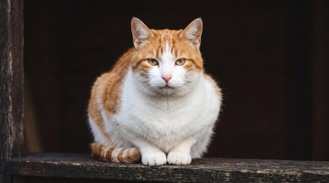 Ginger and white tabby cat sitting on ledge against dark background
