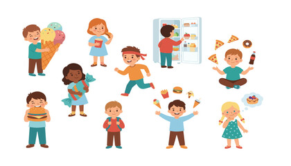 Fototapeta premium Cute cartoon kids eating fast food and sweet snacks set, children eating junk food flat vector illustration isolated on white background.