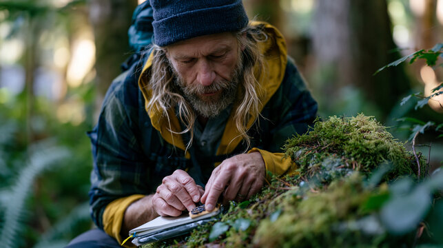 Letterboxing hiker pausing at a moss-covered cairn beside a woodland trail, rubber stamp inked and pressed into a personal logbook, trail clue deciphered from a waterproof card, the letterboxing com