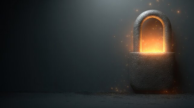 Textured stone padlock glowing with internal orange light.