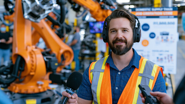 Manufacturing reshoring documentary film team interviews a factory floor supervisor beside an automated welding robot cell, domestic supply chain infographic poster and job creation milestone board 