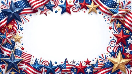 Obraz premium Happy 4th of july Patriotic stars and stripes frame with american flags and fireworks on a white background