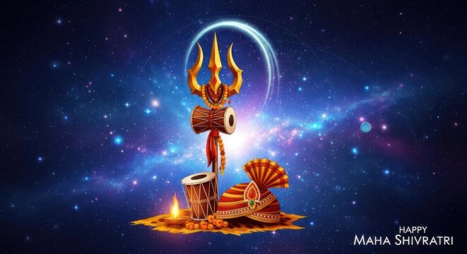 Golden trident trishul with damaru drum and traditional turban for the Hindu religious festival of Maha Shivratri