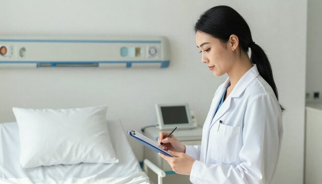 Female physician taking notes in a hospital room with a patient bed visible in the background