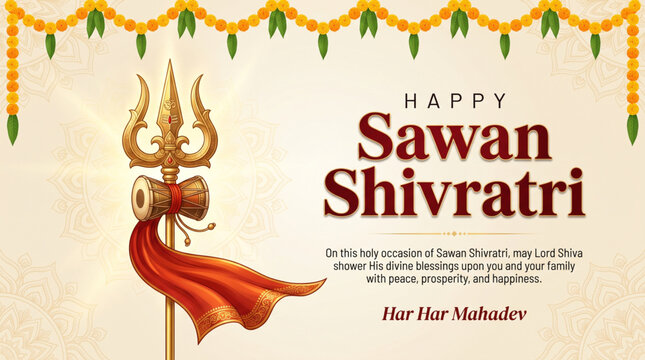 Happy Sawan Shivratri greeting banner with sacred Trishul Damru and saffron flag on elegant Hindu devotional background