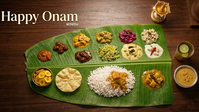 Traditional Onam Sadya Feast &ndash; Kerala Festival Food Background