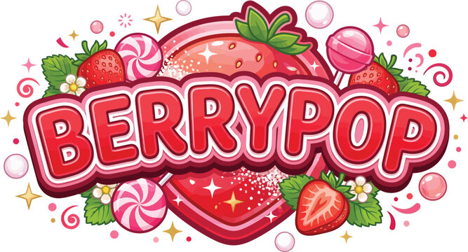 Berrypop candy brand logo with strawberry and lollipops illustration