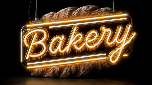 Bright bakery sign with bread background in a shop at night