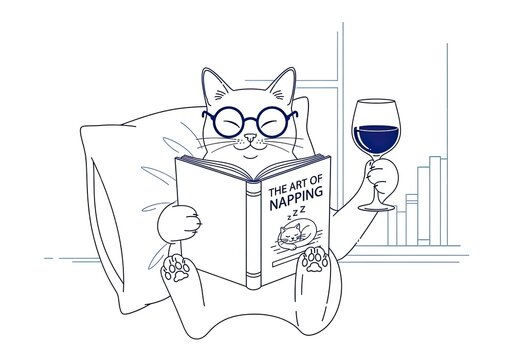 Cartoon cat reading book and holding wine glass illustration.
