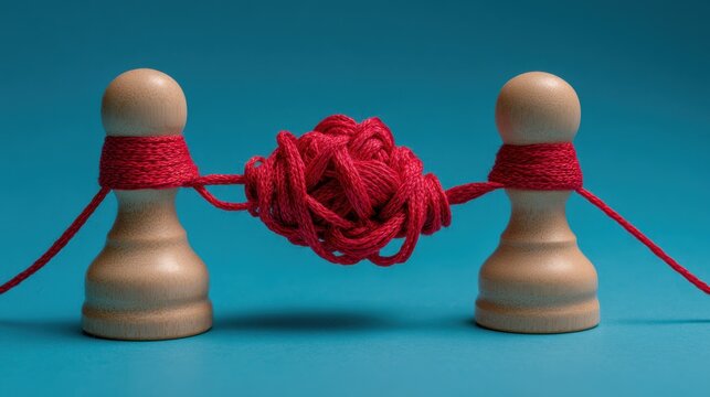 Two wooden peg dolls connected by a tangled red string knot on a blue background