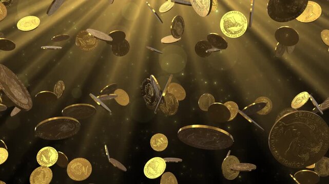 Falling Golden 1 Australian Dollar Coins with Shimmering Light Rays
